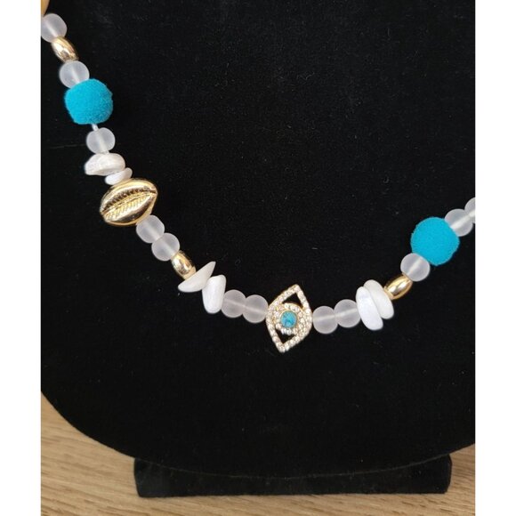 Rebecca Minkoff Beaded Shell & Turquoise Statement Necklace Gold Accents NWT - Picture 3 of 7